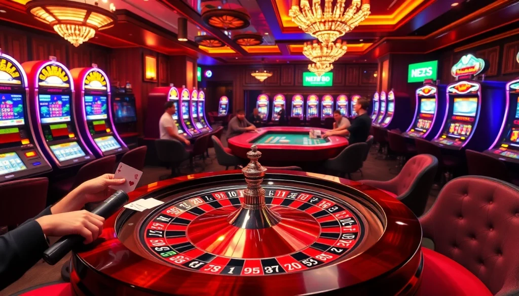 Explore the thrilling atmosphere of gambling at https://www.222bd.app/, showcasing players eagerly betting on roulette and slot machines.
